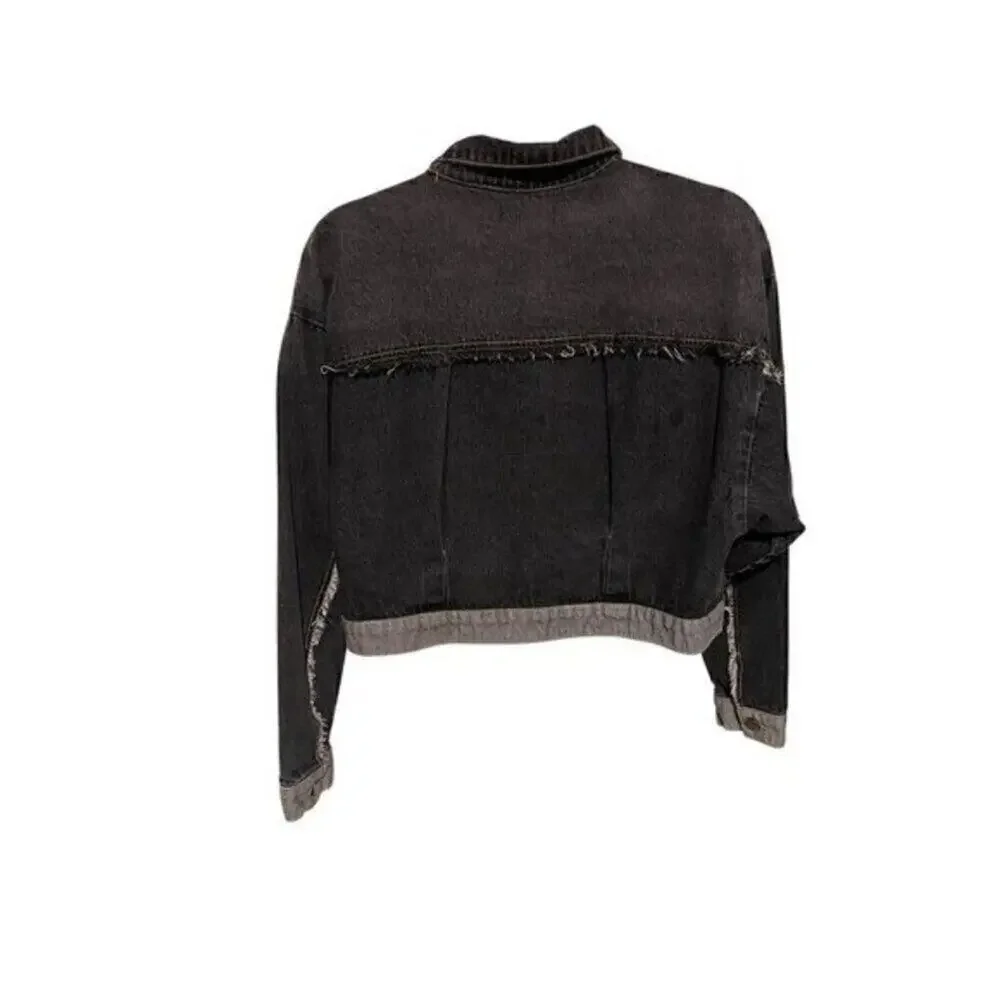 SHEIN Women Black Cropped Denim Jacket Distressed Frayed Hem Trucker Size S